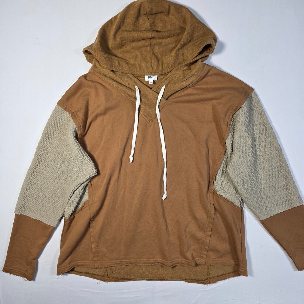 BKE Womens Large Colorblock Hooded Sweater Brown Beige Textured Boho Pullover